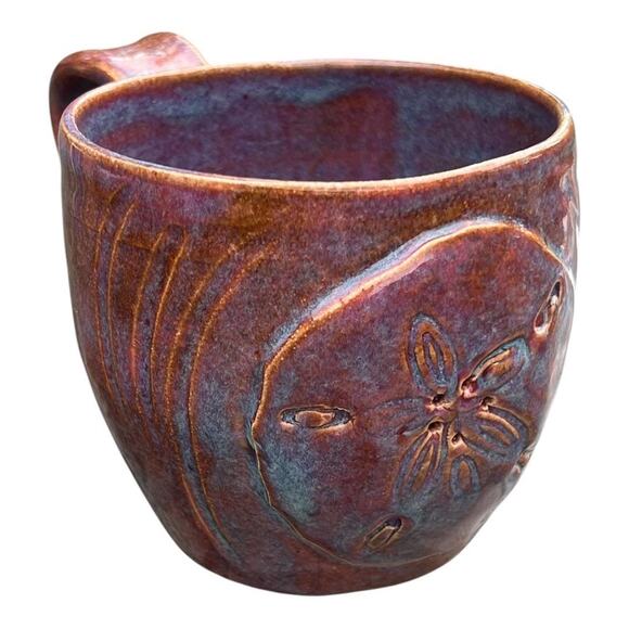 Sand Dollar Sculpted Stoneware Coffee Mug in Rust, Pink & Blue Glazes - Picture 13 of 13
